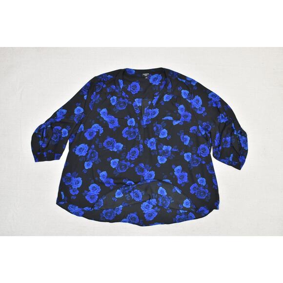 Torrid Harper Plus Size 4 Blouse Black Blue Rose Floral V-Neck 3/4 Sleeve Top - Picture 2 of 8